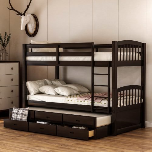 Twin over Twin Wood Bunk Bed with Trundle and Drawers