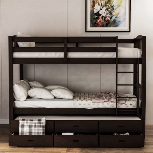 Twin over twin wood bunk bed with trundle and drawers, espresso 4