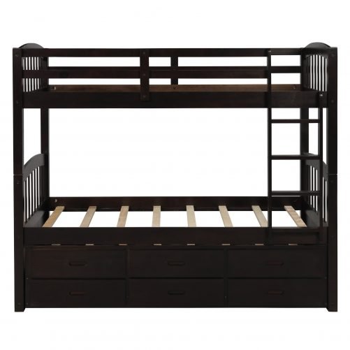 Twin over twin wood bunk bed with trundle and drawers, espresso 6