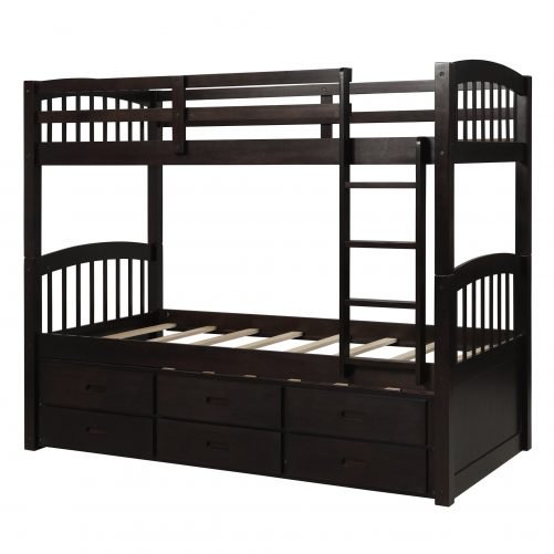 Twin over twin wood bunk bed with trundle and drawers, espresso 7