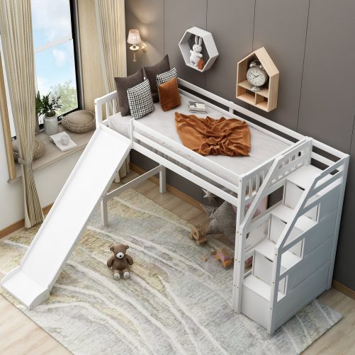 Twin size loft bed with storage and slide, white 2