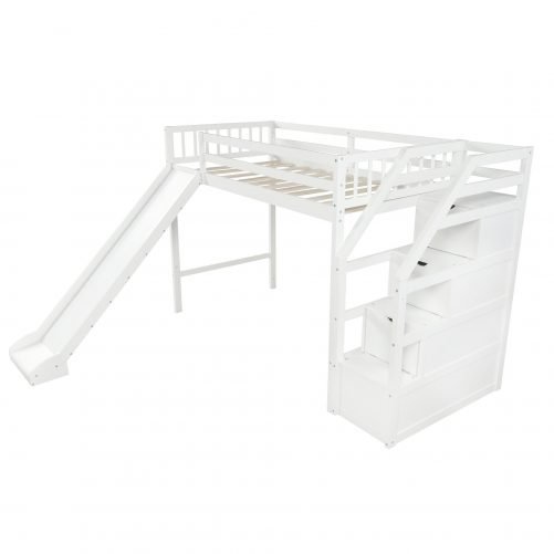 Twin size loft bed with storage and slide, white 6