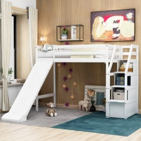 Twin Size Loft Bed with Storage and Slide