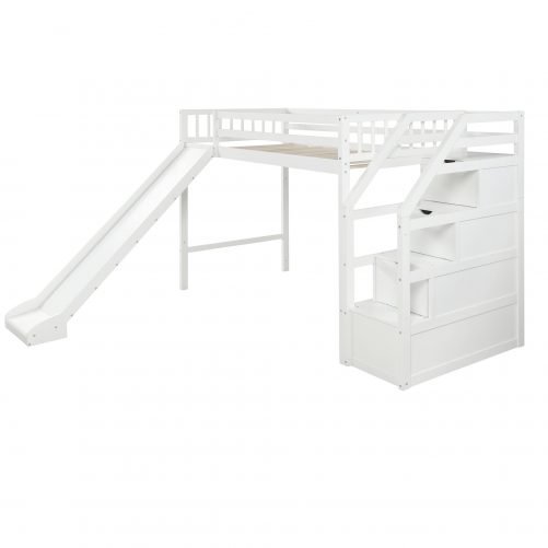 Twin size loft bed with storage and slide, white 7