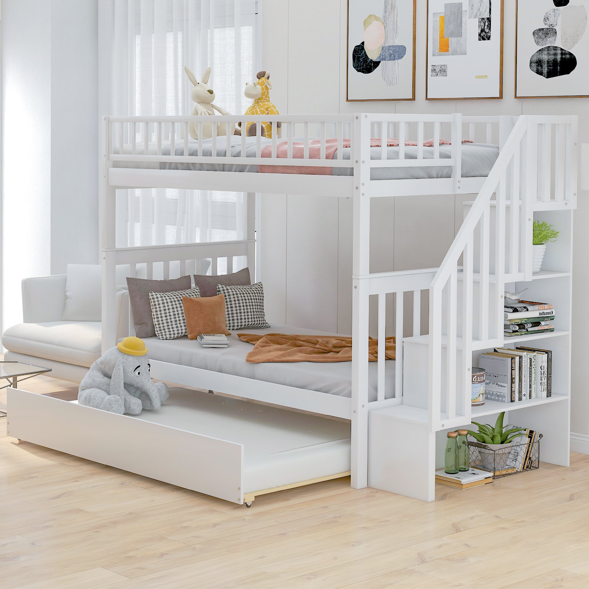 Twin over Twin Bunk Bed, with Trundle and Storage