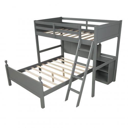 Twin over full loft bed with cabinet, gray