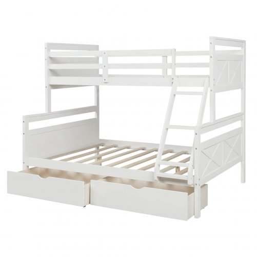 Twin over full bunk bed with ladder, two storage drawers, safety guardrail, white