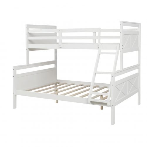 Twin over full bunk bed with ladder, safety guardrail, perfect for kids bedroom, white