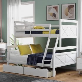 Twin Over Full Bunk Bed With Ladder, Two Storage Drawers, Safety Guardrail