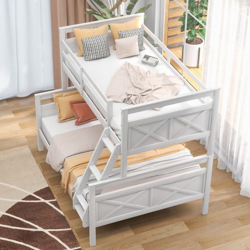 Twin over full bunk bed with ladder, safety guardrail, perfect for kids bedroom, white