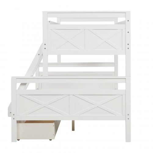 Twin over full bunk bed with ladder, two storage drawers, safety guardrail, white
