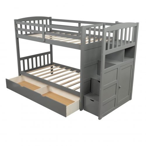 Twin over full/twin bunk bed, convertible bottom bed, storage shelves and drawers, gray