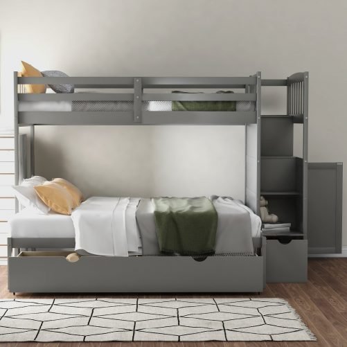 Twin over full/twin bunk bed, convertible bottom bed, storage shelves and drawers, gray