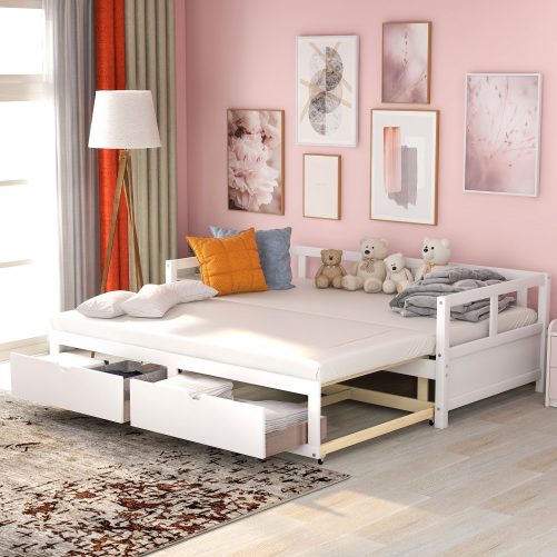 Wooden Daybed With Trundle And Two Storage Drawers