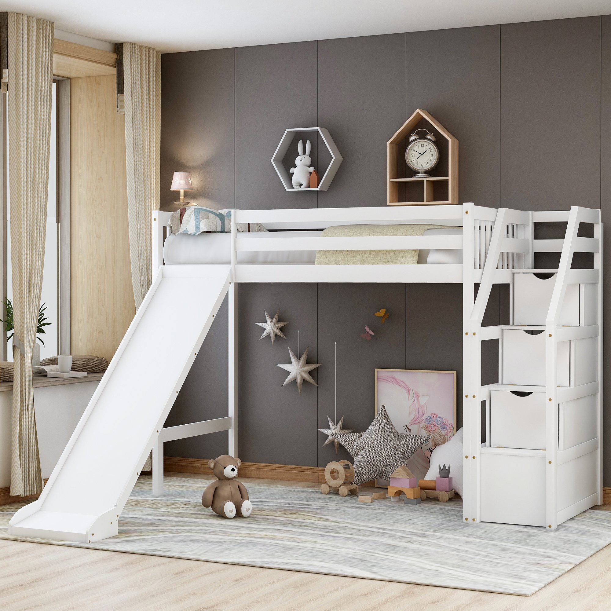 Twin Size Loft Bed With Storage And Slide, White New