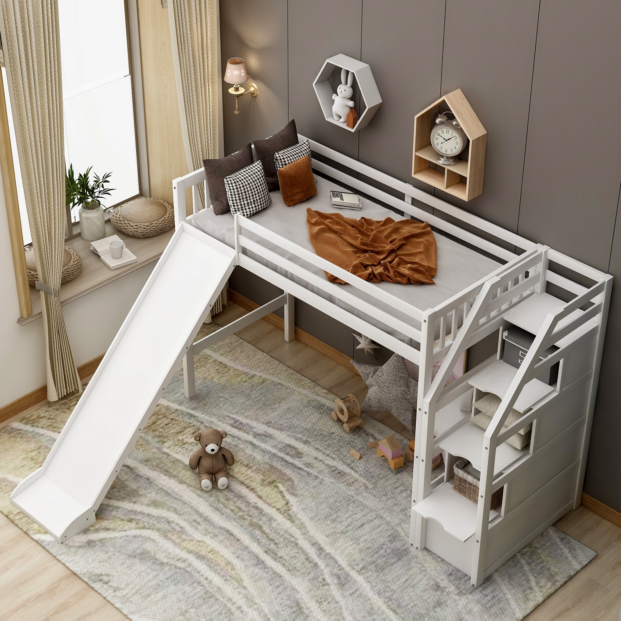 Twin Size Loft Bed With Storage And Slide, White New
