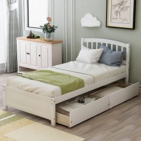 Twin Platform Storage Bed Wood Bed Frame With Two Drawers And Headboard