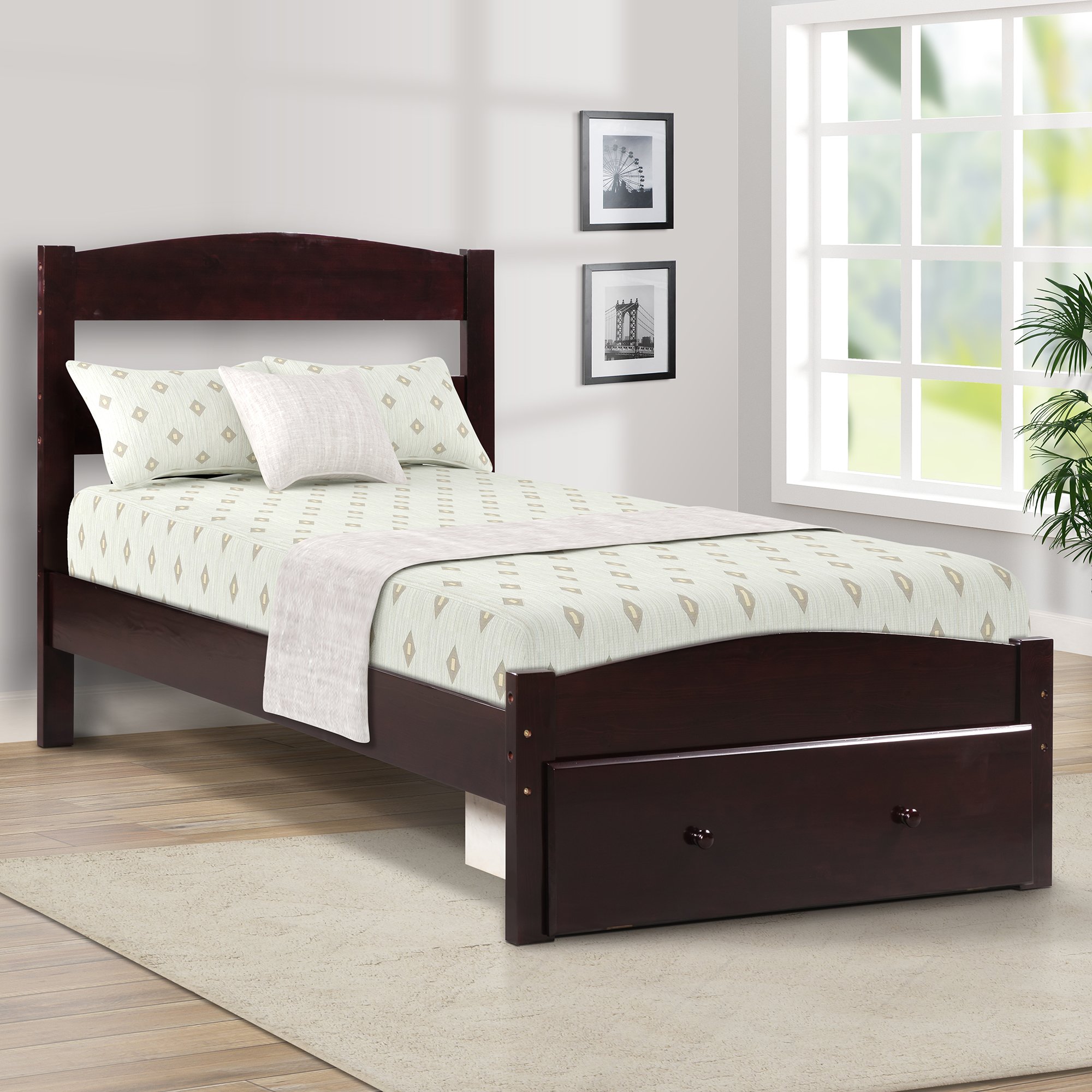 Wood Platform Twin Bed Frame with Storage Drawer and Wood Slat Support