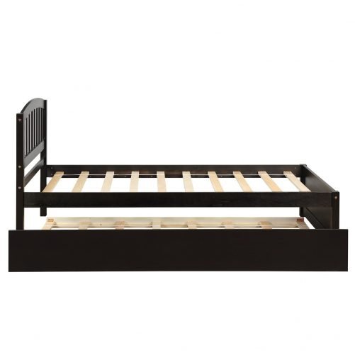 Twin Size Platform Bed Wood Bed Frame With Trundle, Espresso