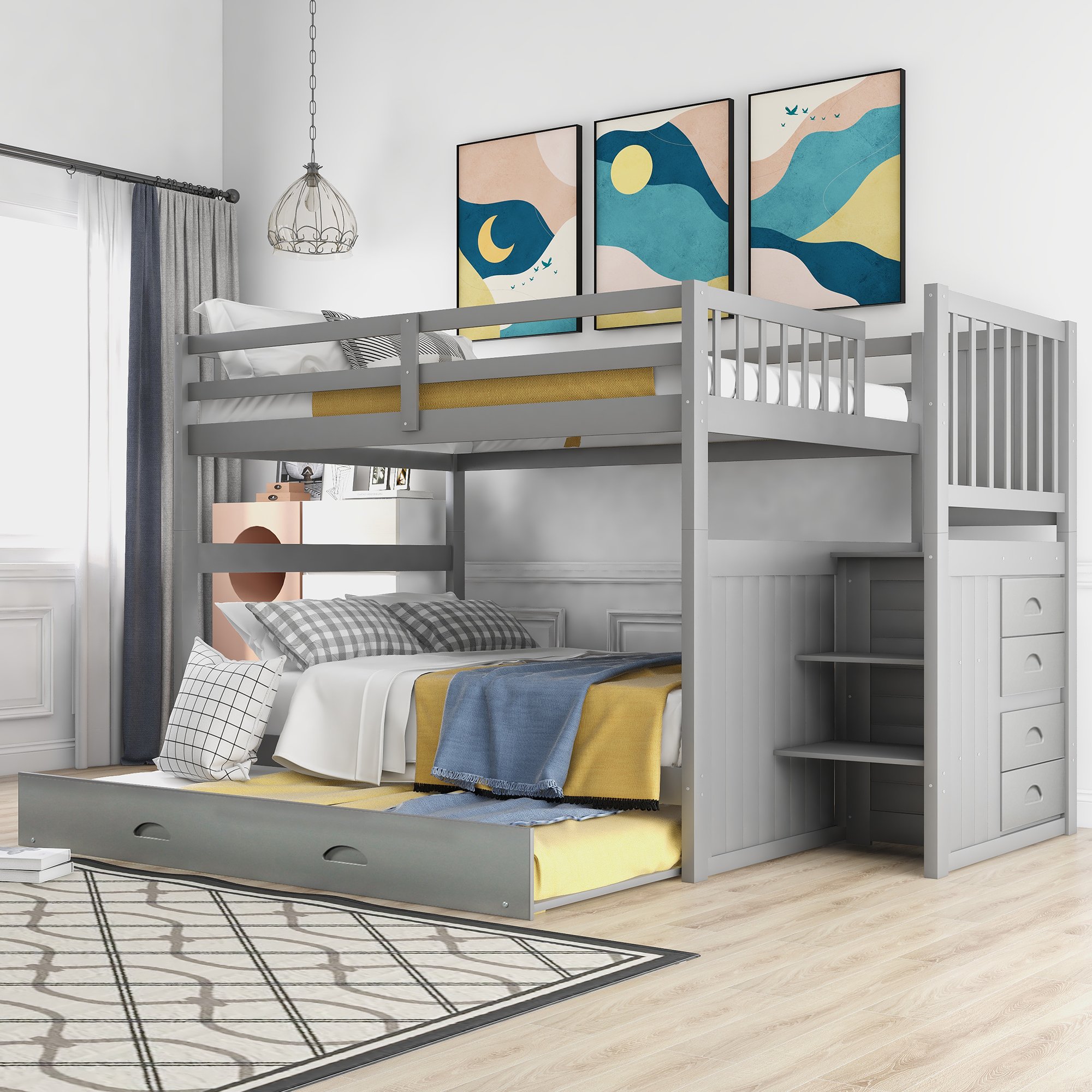Full Over Full Bunk Bed With Twin Size Trundle Gray
