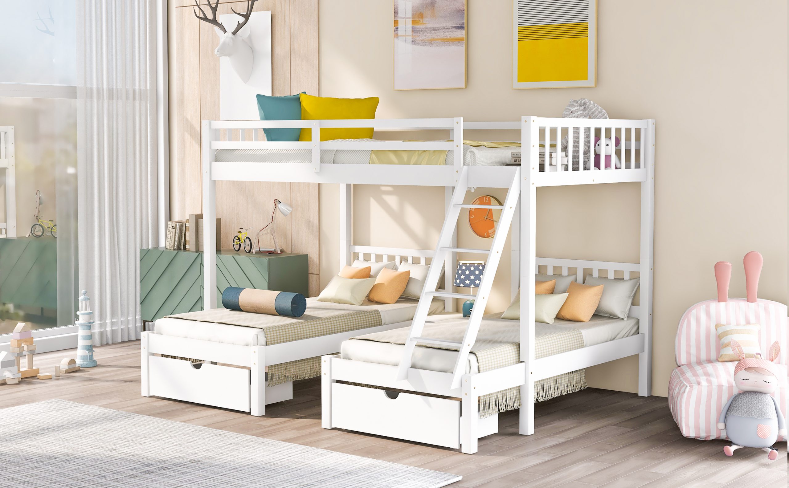 Full Over Twin Bunk Bed, Wood Triple Bunk Bed With Drawers And Guardrails