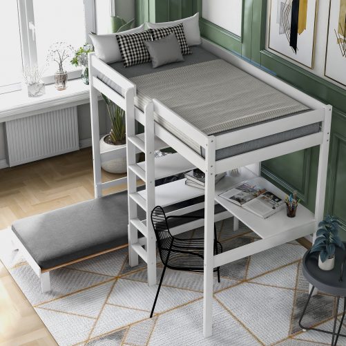 Convertible Twin Loft Bed With L-Shape Desk, Shelves And Ladde