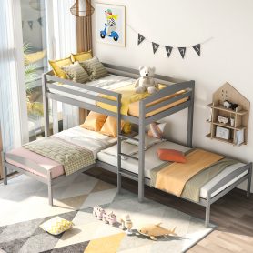 L-Shaped,Twin Over Twin Over Twin Bunk Bed, Pine Wood Bed Frame