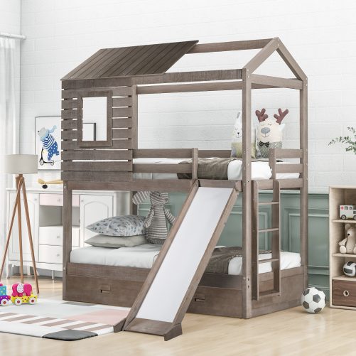 Twin Over Twin House-shaped Wood Bunk Bed With Two Storage Drawers And Slide