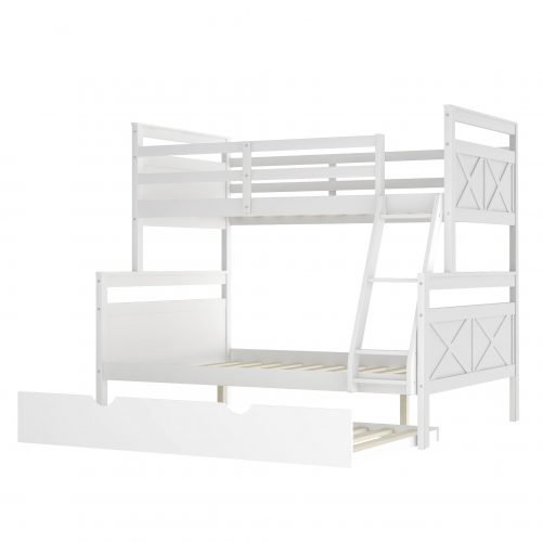Twin Over Full Bunk Bed With Ladder, Twin Size Trundle, Safety Guardrail