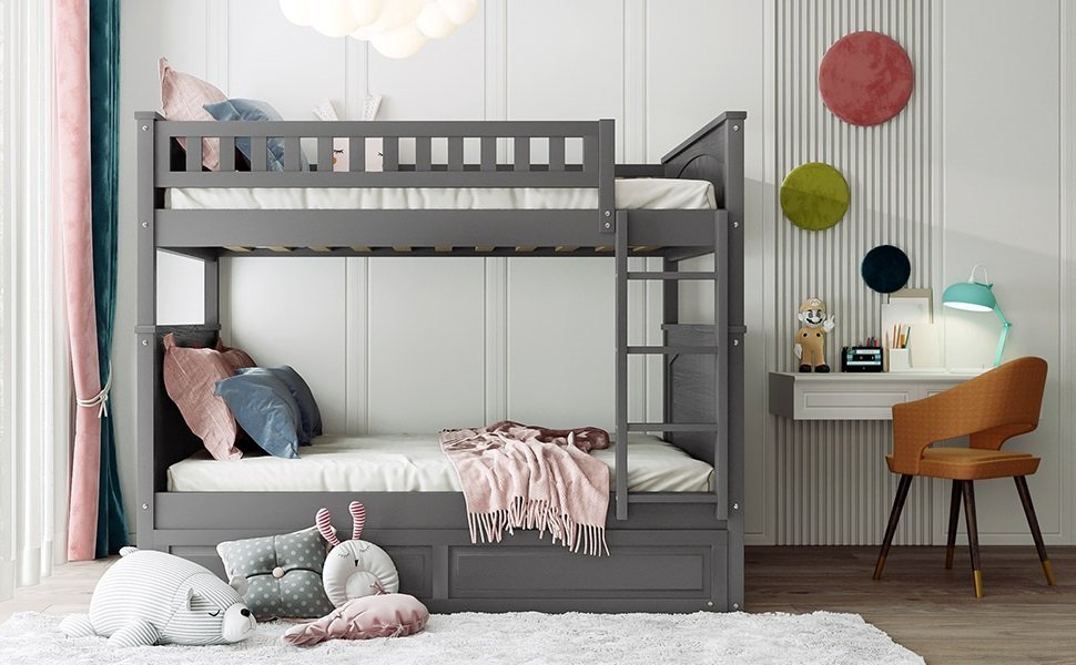 Full Over Full Pine Wood Bunk Bed With Twin Size Trundle