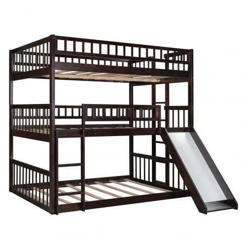 Full-over-Full-over-Full Triple Bunk Bed With Built-in Ladder And Slide
