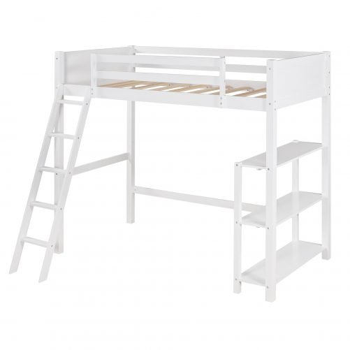 Twin Size Loft Bed With Storage Shelves And Ladder
