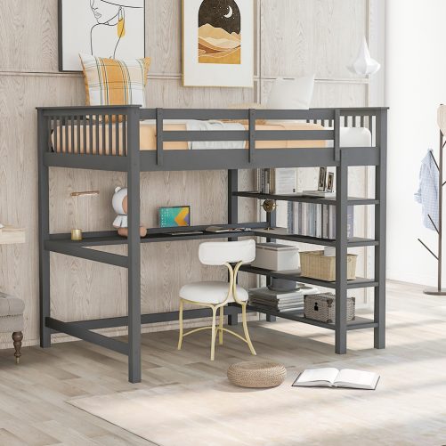 Rubber Wooden Full Size Loft Bed With Storage Shelves And Under-bed Desk