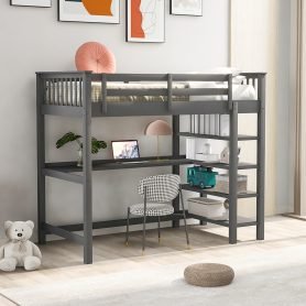 Rubber Wooden Twin Size Loft Bed With Storage Shelves And Under-bed Desk