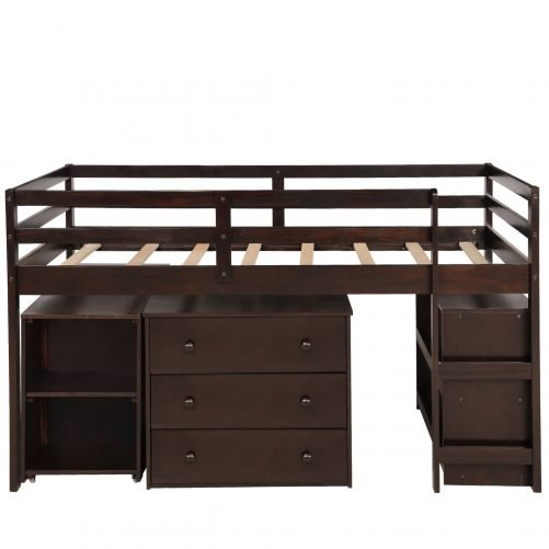 Low Study Twin Loft Beds With Cabinet And Rolling Portable Desk