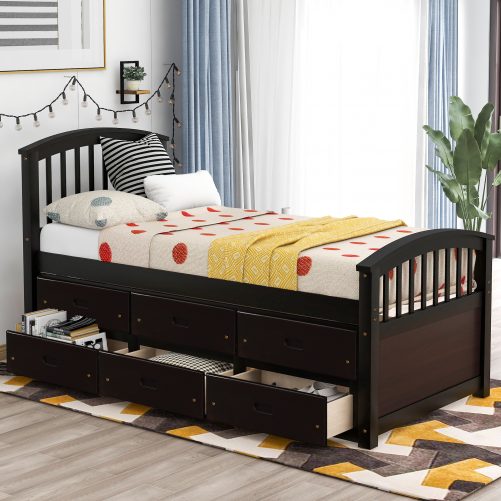 Twin Size Platform Storage Bed Solid Wood Bed With 6 Drawers