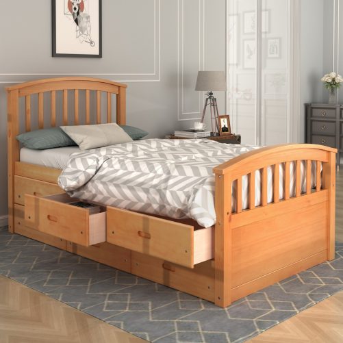 Twin Size Platform Storage Bed Solid Wood Bed With 6 Drawers Oak
