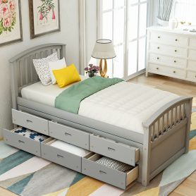 Twin Size Platform Storage Bed Solid Wood Bed With 6 Drawers White
