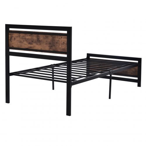 Twin Size Metal And Wood Platform Bed With Headboard And Footboard