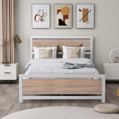 Full Size Metal And Wood Platform Bed With Headboard And Footboard