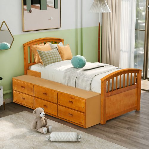 Twin Size Platform Storage Bed Solid Wood Bed With 6 Drawers Oak
