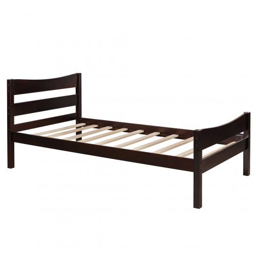 Twin Size Wood Platform Bed With Headboard And Wooden Slat Support