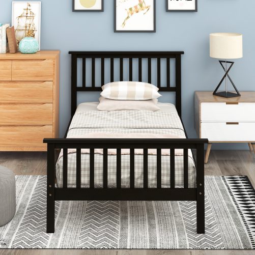 Twin Size Wood Platform Bed with Headboard, Footboard and Wooden Slat