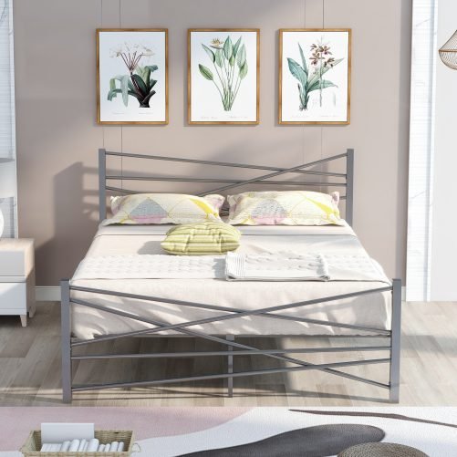 Queen Size Metal Platform Bed Frame With Headboard, No Box Spring Needed