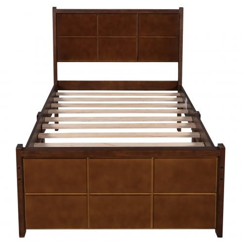 Twin Size Platform Bed Frame With Rectangular Line Shape Headboard And Footboard