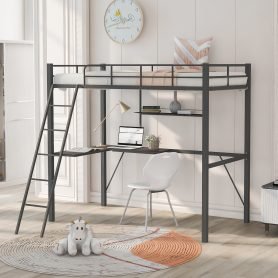 Metal Twin Loft Bed With Desk And Shelf