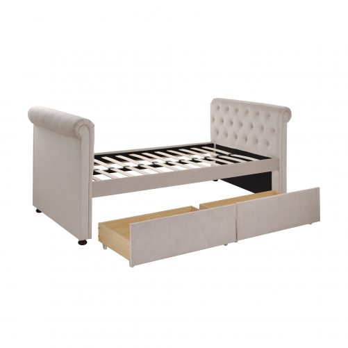 Twin Size Upholstered Daybed With Two Drawers, Wood Slat