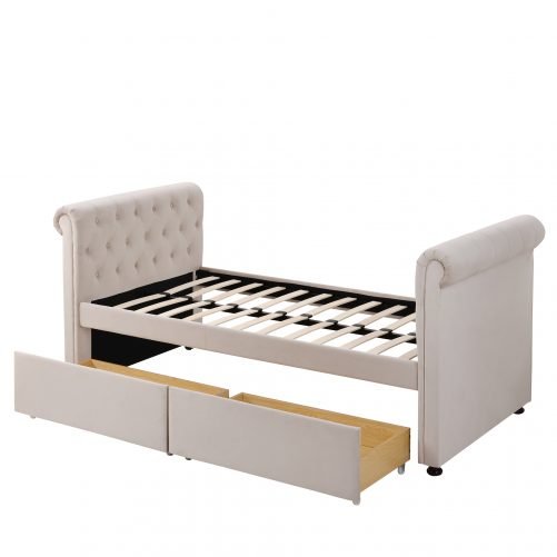 Twin Size Upholstered Daybed With Two Drawers, Wood Slat
