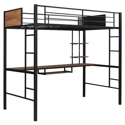 Twin Size Loft Bed With 2 Ladder And Desk, Storage Shelf