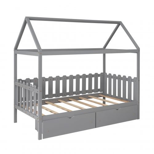Twin Size House Bed With Drawers, Fence-Shaped Guardrail